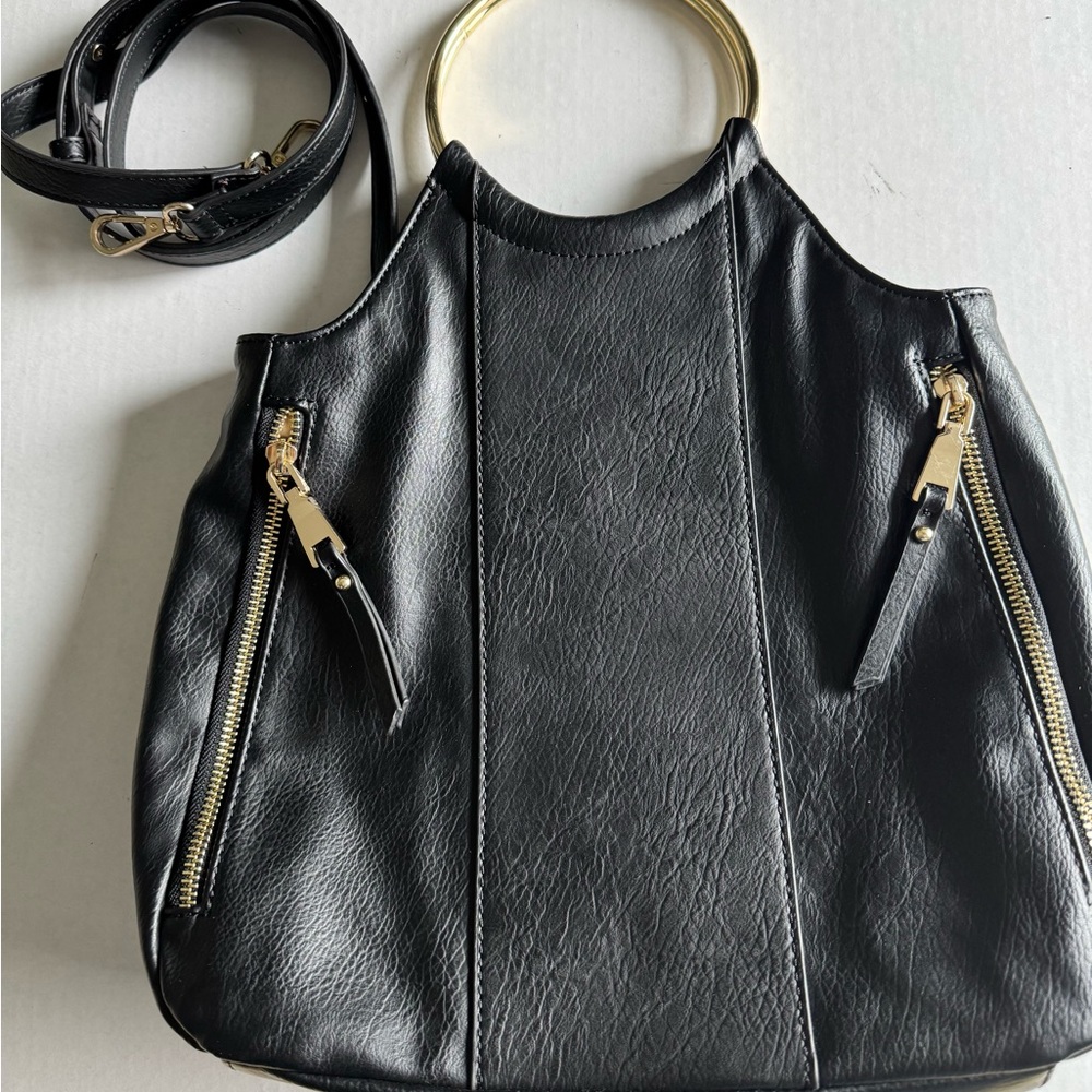 Black Leather Shoulder Bag with Gold Hardware